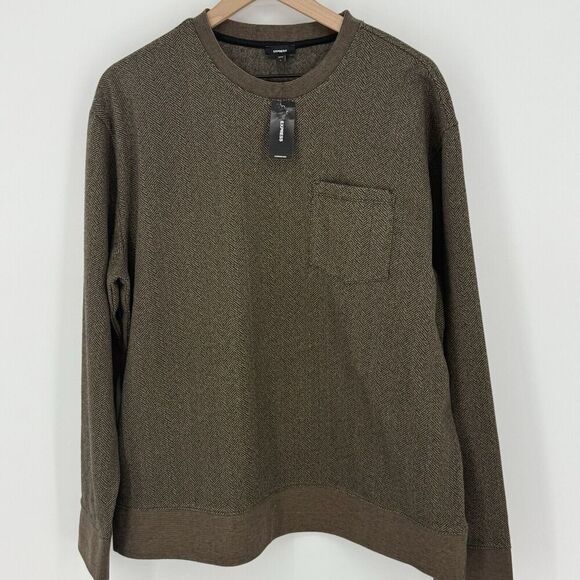 Express Relaxed Herringbone Long Sleeve Pocket T-Shirt in Chai Size Large NWT - Picture 1 of 5